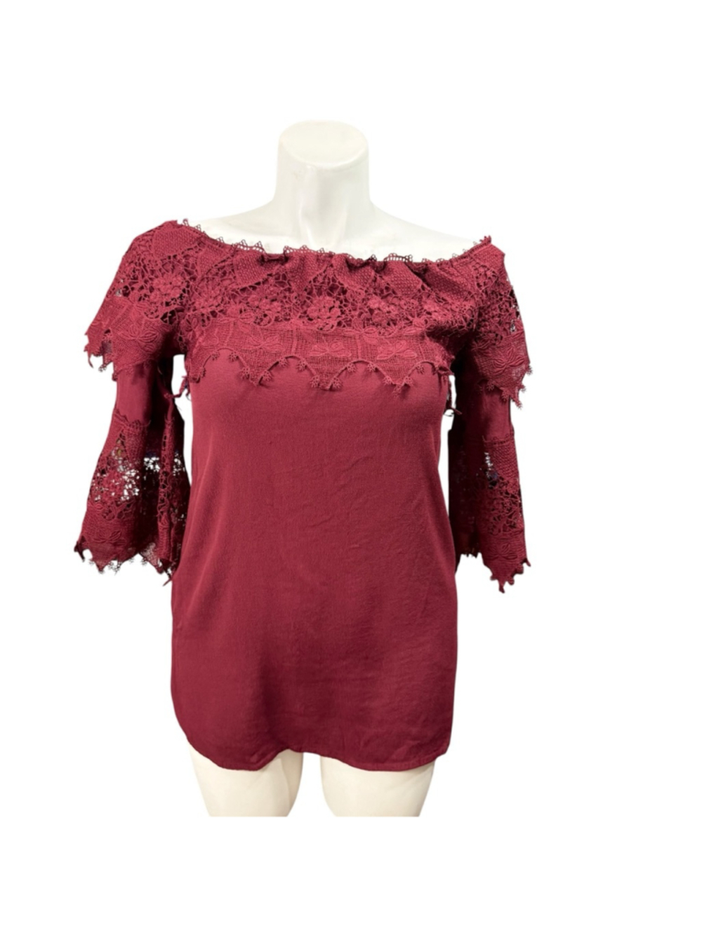 Shyanne Burgundy Lace Crochet Off Shoulder Blouse Women’s Small Boho Western Top